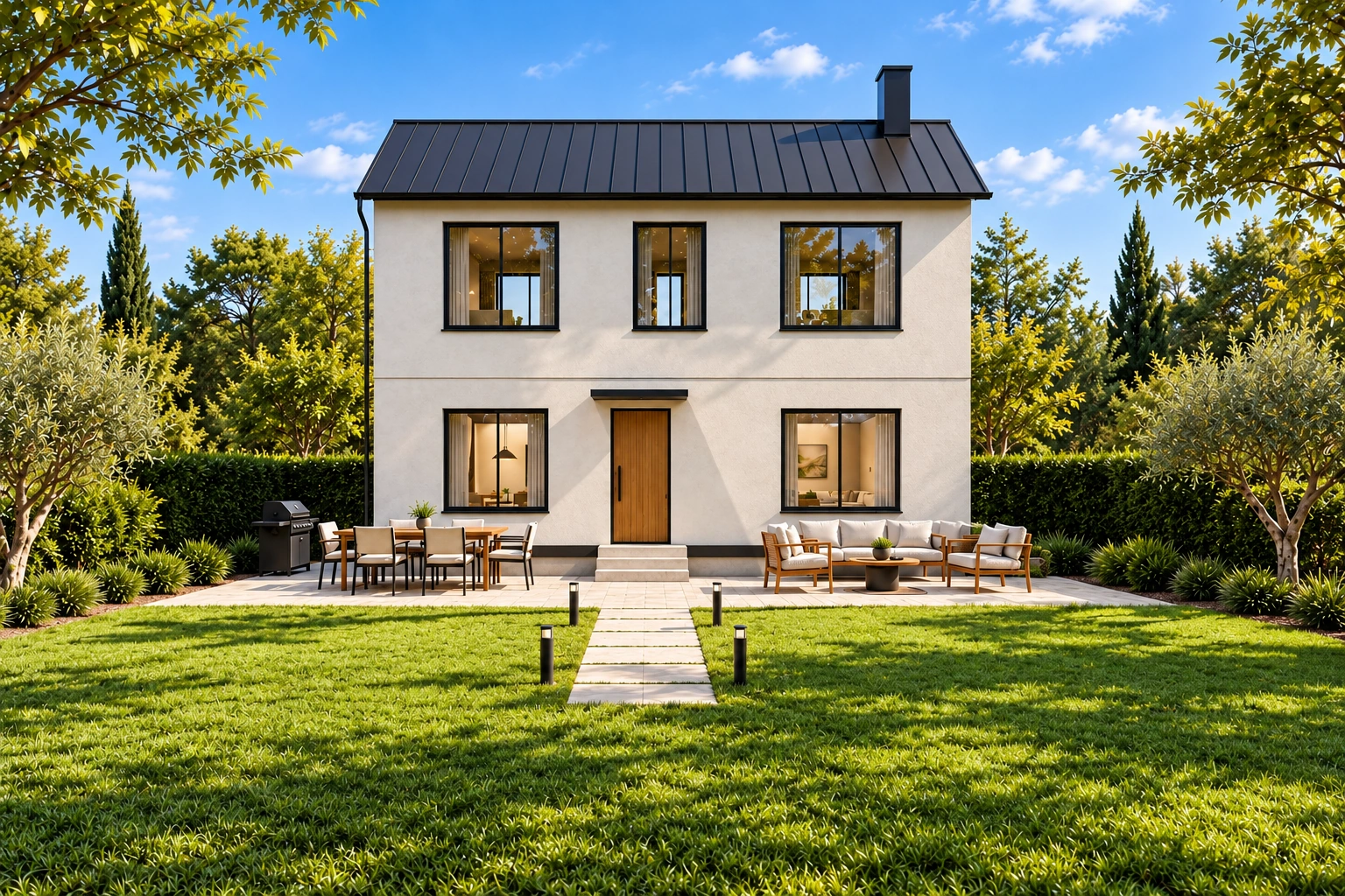 Exterior rendering of a home surrounded by a garden