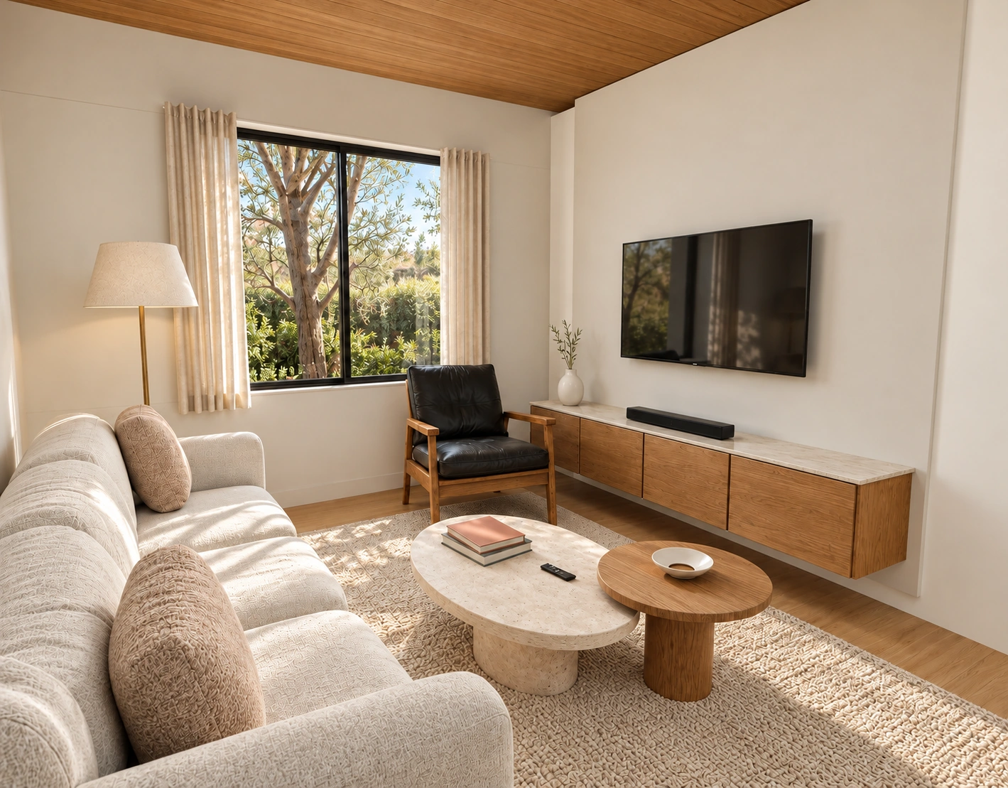 Living room rendering with warm wood and cream tones from the same residential study