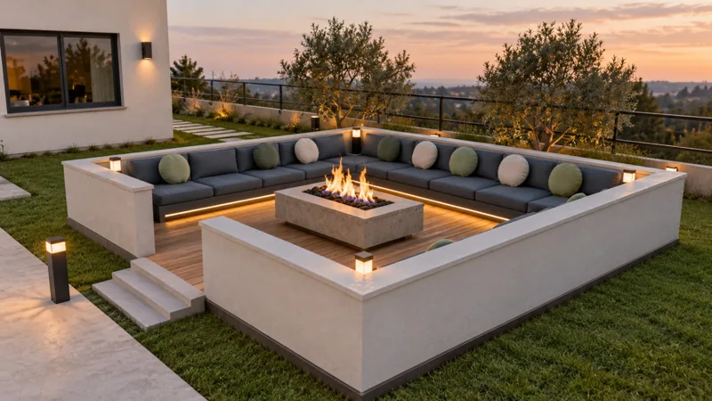 Sunken garden lounge surrounding a stone fire table
