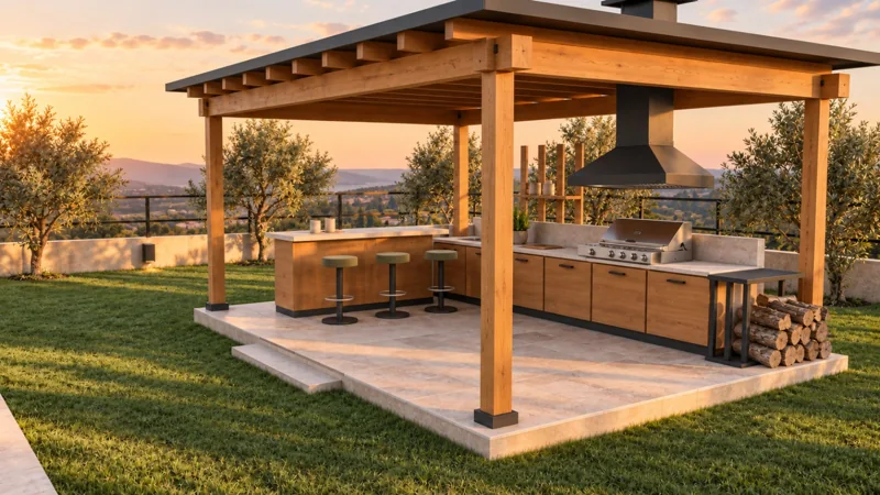 Timber pergola sheltering an outdoor kitchen and bar