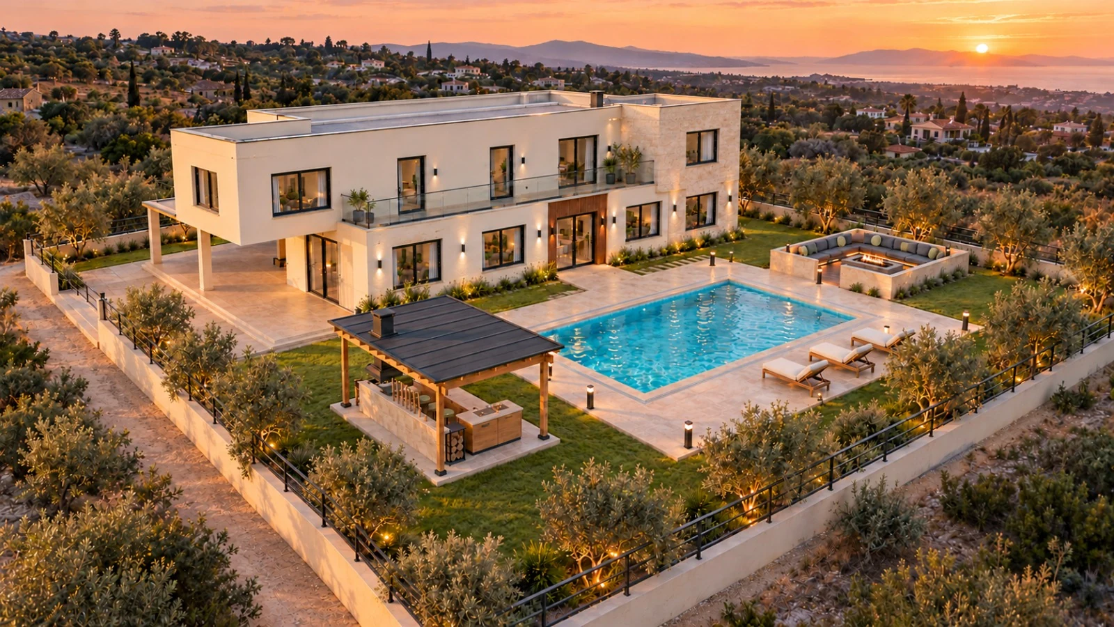 A contemporary villa with a swimming pool, outdoor kitchen and landscaped gardens at sunset