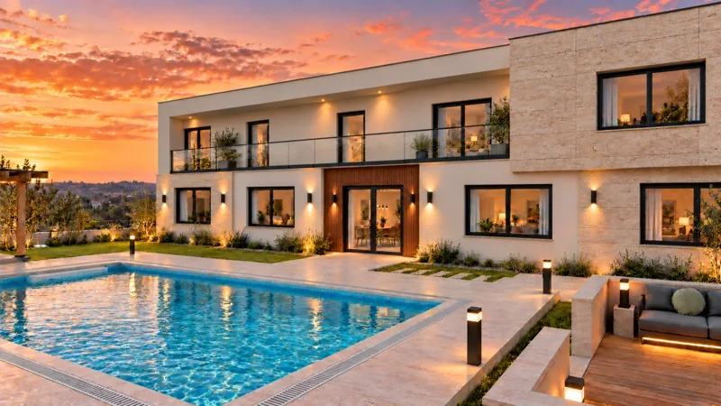 Villa facade and swimming pool illuminated at sunset